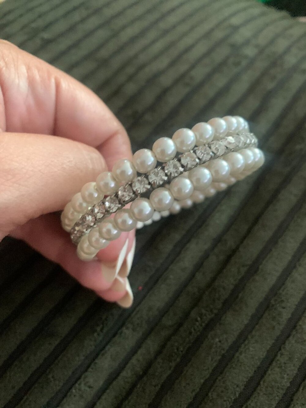 Faux Pearl and Diamond Memory Wire Bracelet